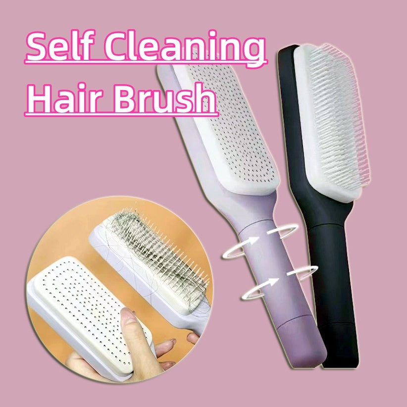 Self-cleaning detangling hair brush, easy to clean, available in purple and black.”