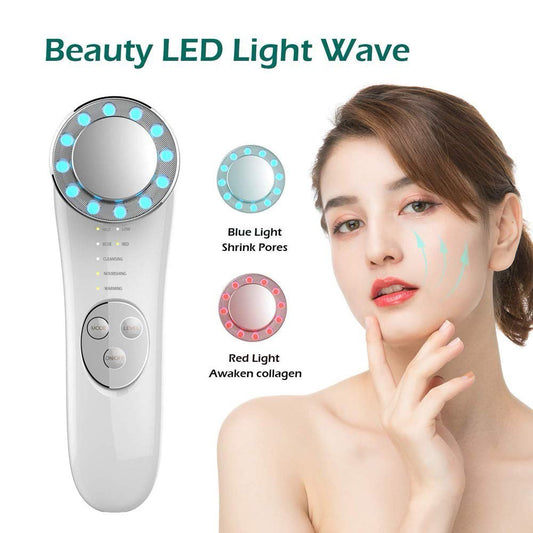 7-in-1 facial massager device with LED, EMS, and ultrasonic technologies for anti-aging and skin lifting