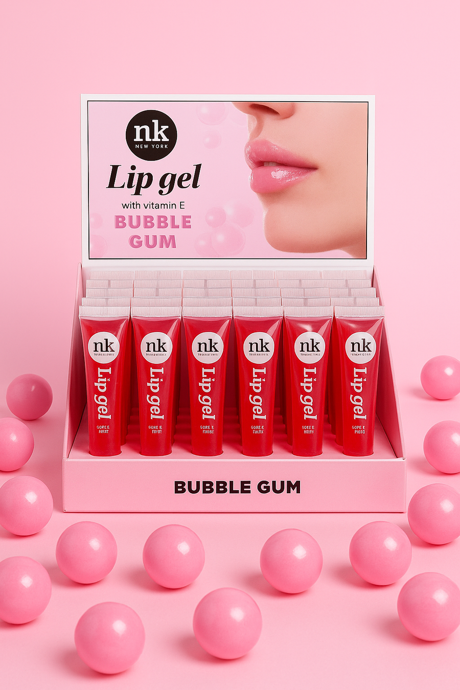 NICKA K Lip Gel Bubble Gum Display Case Set, 48 Pieces