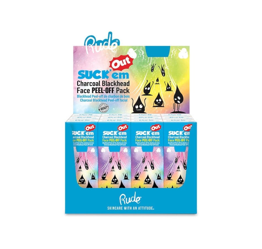 RUDE Suck'em Out Charcoal Blackhead Face Peel-off Pack Display Set, 12 Pieces